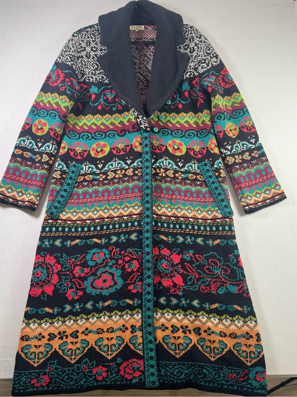 IVKO Wool Long Overcoat Geometric Floral Shawl Collar Size 36 Medium